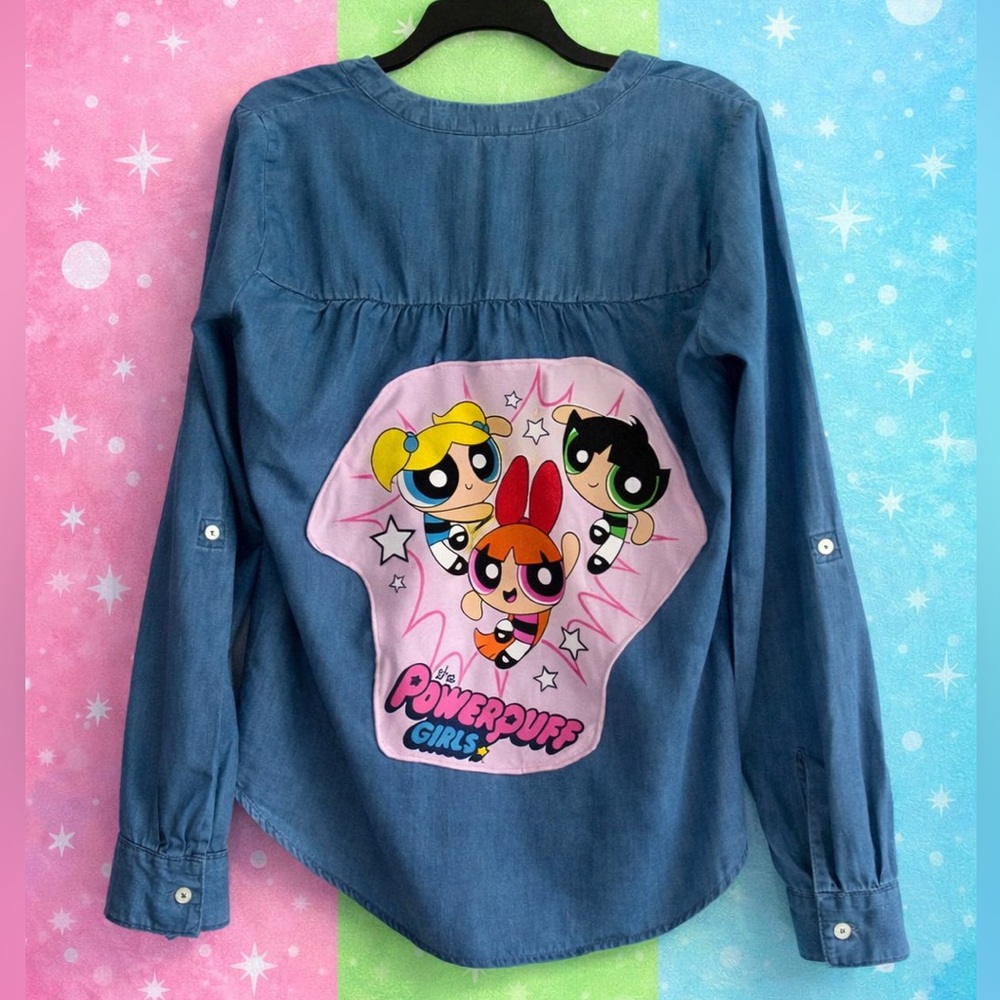 Custom Upcycled Powerpuff Girls Graphic Tee On Candie’s Denim Top